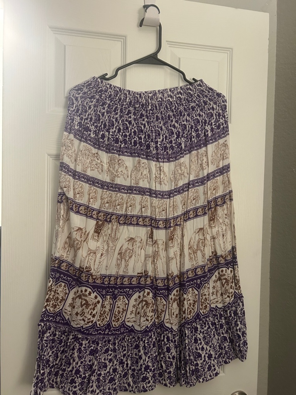 Bohemian elephant Tiered Maxi Skirt in Purple and Cream size M